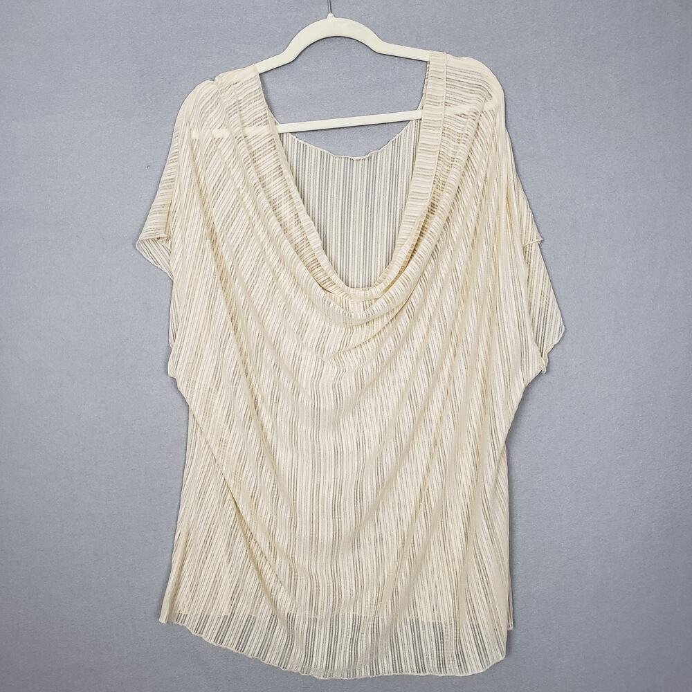 Cowl Neck Sheer Ribbed Layering Blouse Neutral‎ Cream Drape Top Plus Size 1X